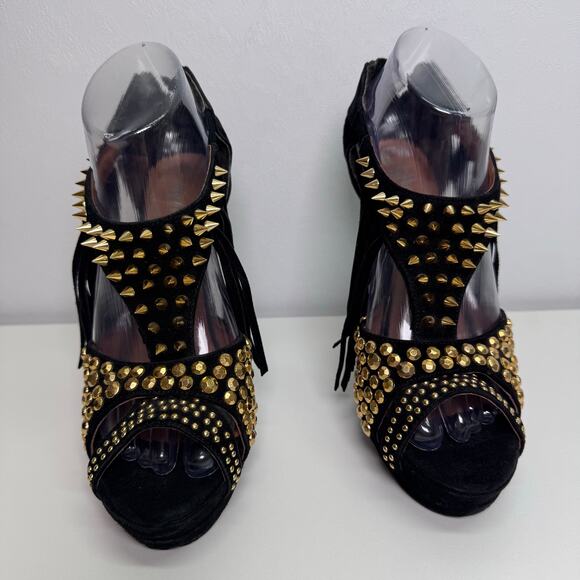 Jeffrey Campbell Black Suede Gold Studs High Heel Fringe EU37/US 6.5 Party Funky - Picture 2 of 8